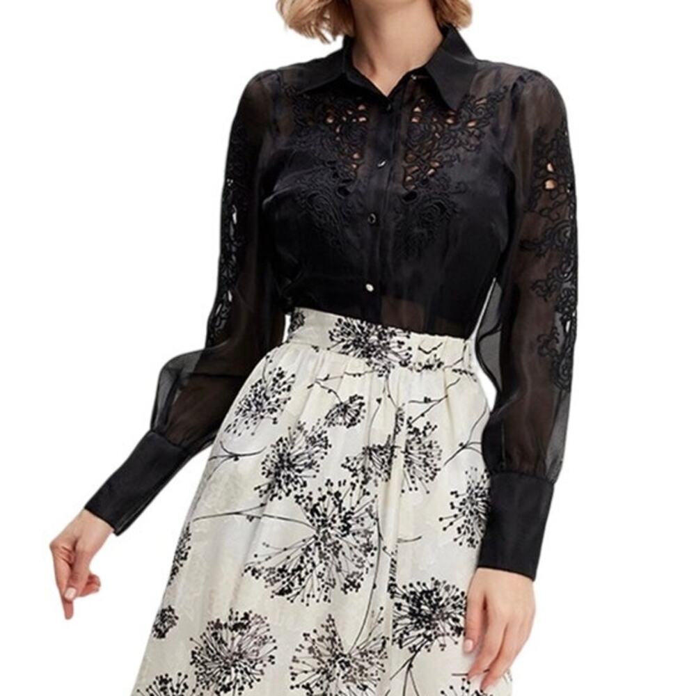 Smart and Joy Victorian Gothic Embroidered Organza Blouse Size 12 Dark Romantic